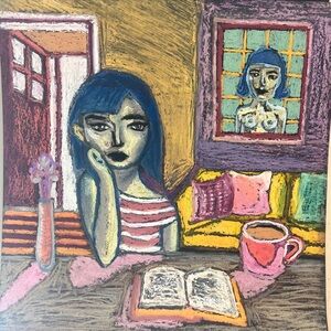 My Lover Blue-Haired Woman Pastel Art 12x12 framed